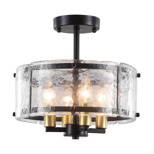 12.59 in. 4-Light Matte Black/Golden Round Drum Semi-Flush Mount with Frosted Glass and No Bulbs Included
