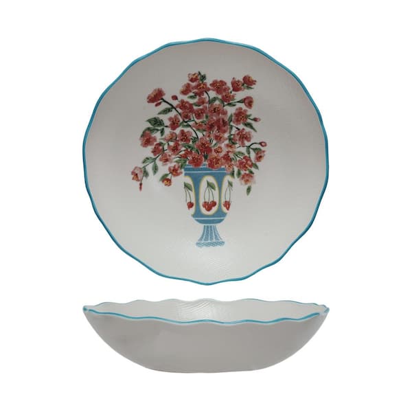 Storied Home 11 in. 54 fl. oz. Multicolor Stoneware Salad Serving Bowl with Flowers in Vase Design and Colored Rim