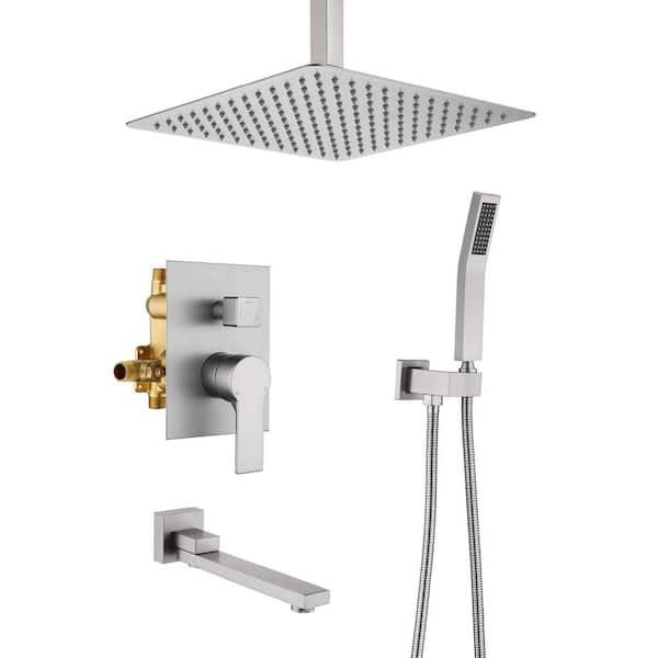 Single Handle 1-Spray Ceiling-Mount Tub and Shower Faucet 1.8 GPM 12 In. Shower System in Brushed Nickel Valve Included