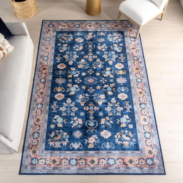 Dayflower Vintage Spill Proof Washable Blue 9.6 ft. x 13.6 ft. Indoor Area Rug