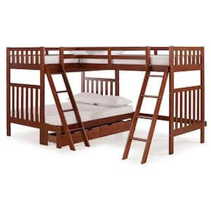Aurora Chestnut Twin Over Full Bunk Bed with Tri-Bunk Extension and Storage Drawers