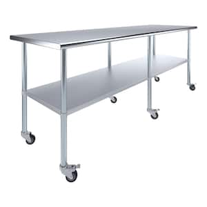 30 in. x 96 in. Stainless Steel Work Table with Casters : Mobile Metal Kitchen Utility Table with Bottom Shelf