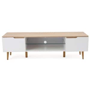 59 in. Matte White Wood TV Stand Fits TVs Up to 56 in. with Storage Doors