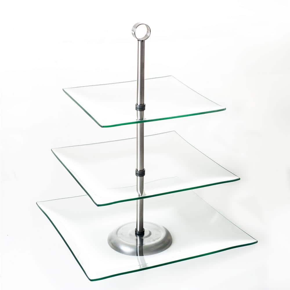 Clear Glass and Stainless Steel 3-Tier Square Dessert Stand