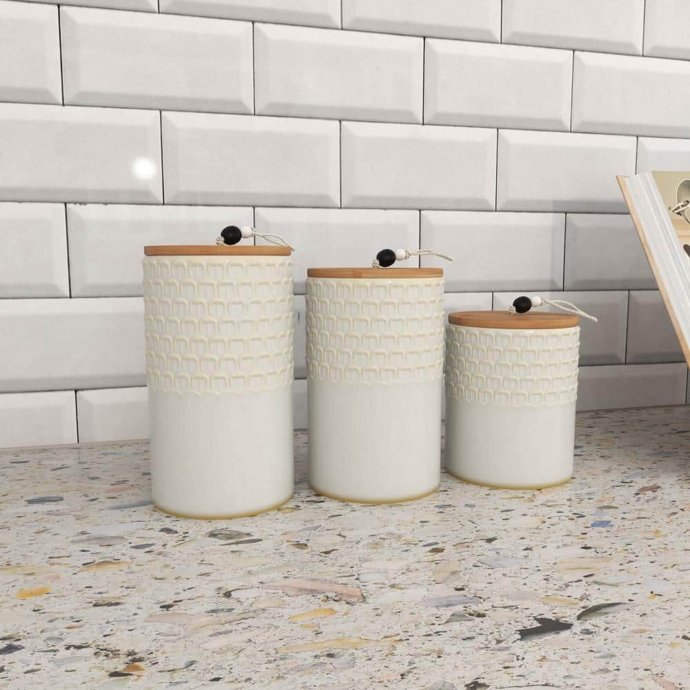 Charming White Ceramic Decorative Jar Trio with Wooden Lids