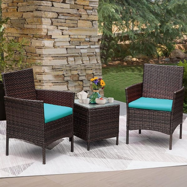 Unbranded 3-Piece Wicker Patio Conversation Set with Blue Cushion and Glass Coffee Table for Garden Backyard Porch Poolside