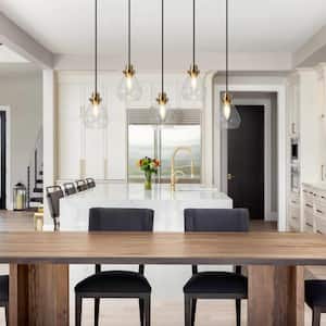 Modern Kitchen Island Chandelier 5-Light Black and Brass Linear Dining Room Chandelier with Clear Glass Shades