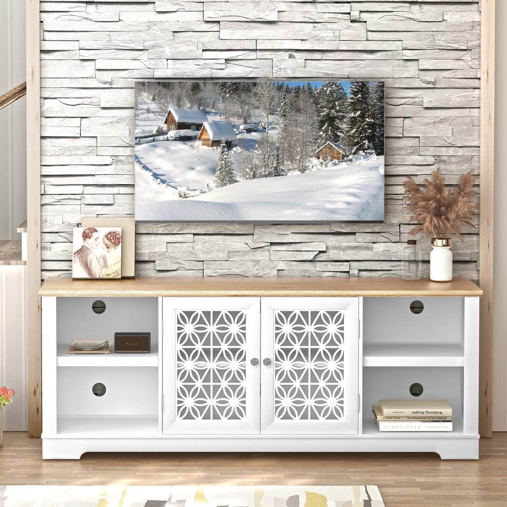 Grayish-White 70" TV Stand with Lattice Doors and Wood Top