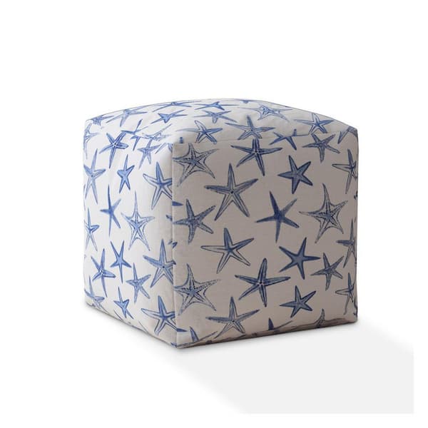 HomeRoots Charlie White And Blue Fabric Square Pouf Cover Only