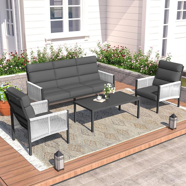 AECOJOY 4-Pieces Outdoor Aluminum Patio Sectional Furniture Set with Coffee Table and Cushions in Dark Grey