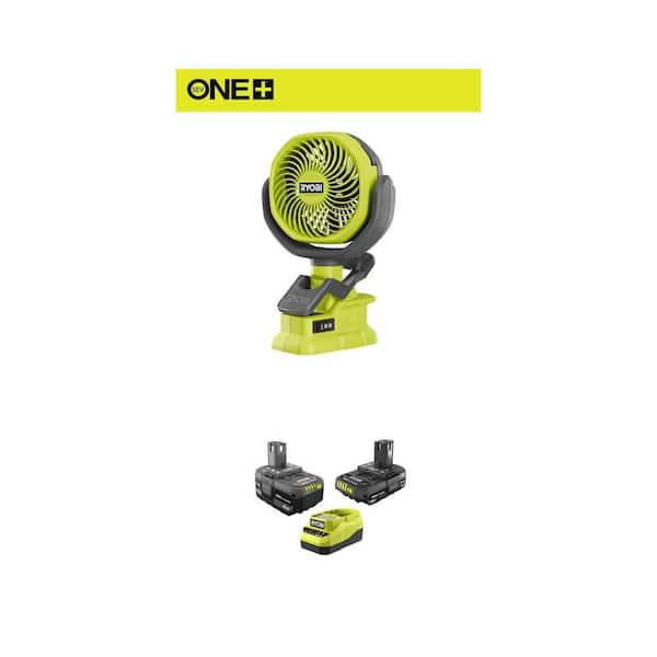 ONE+ 18V Cordless 4 in. Clamp Fan (Tool Only) and 18V Lithium-Ion Starter Kit with 2.0 Ah and 4.0 Ah Battery combo