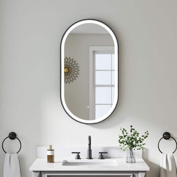 20 in. W x 36 in. H Oval Framed LED Dimmable Anti-Fog Wall Bathroom Vanity Mirror in Matte Black, IP54