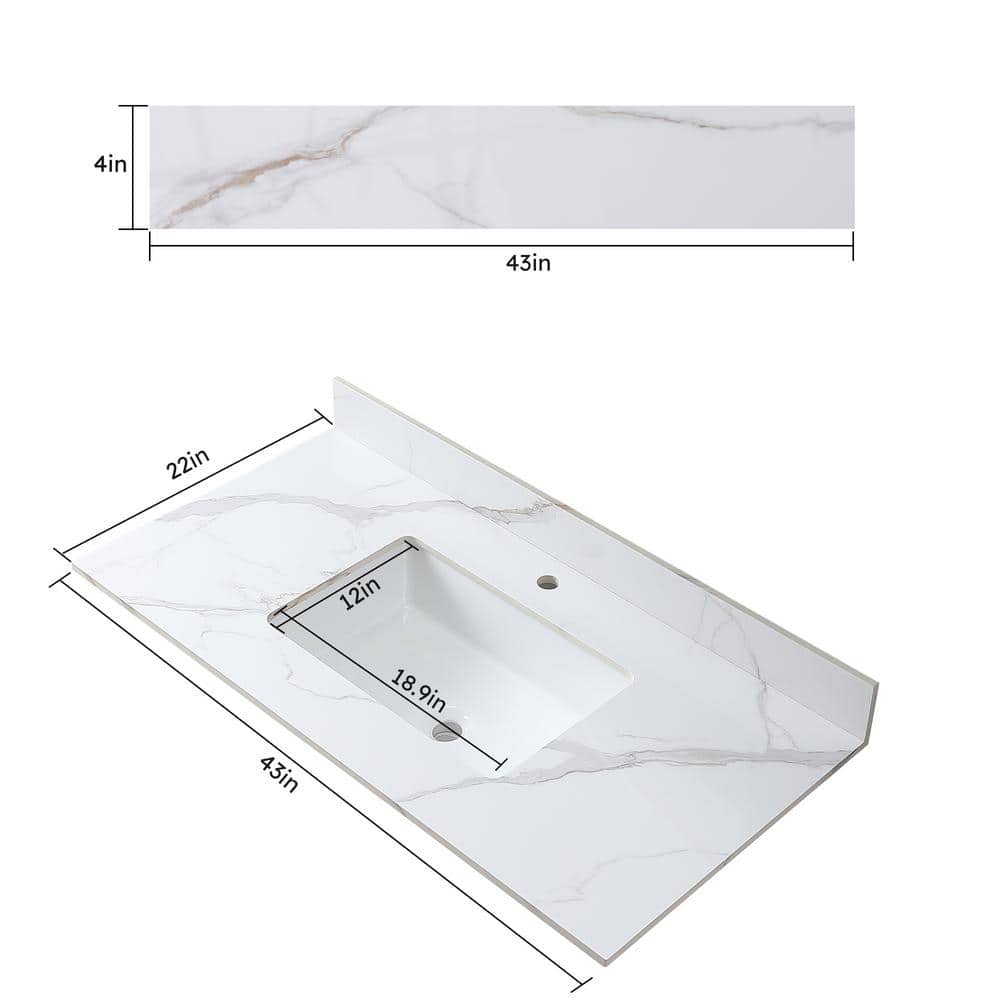 43 in. White Engineered Stone Composite Vanity Top with Rectangular Single Sink
