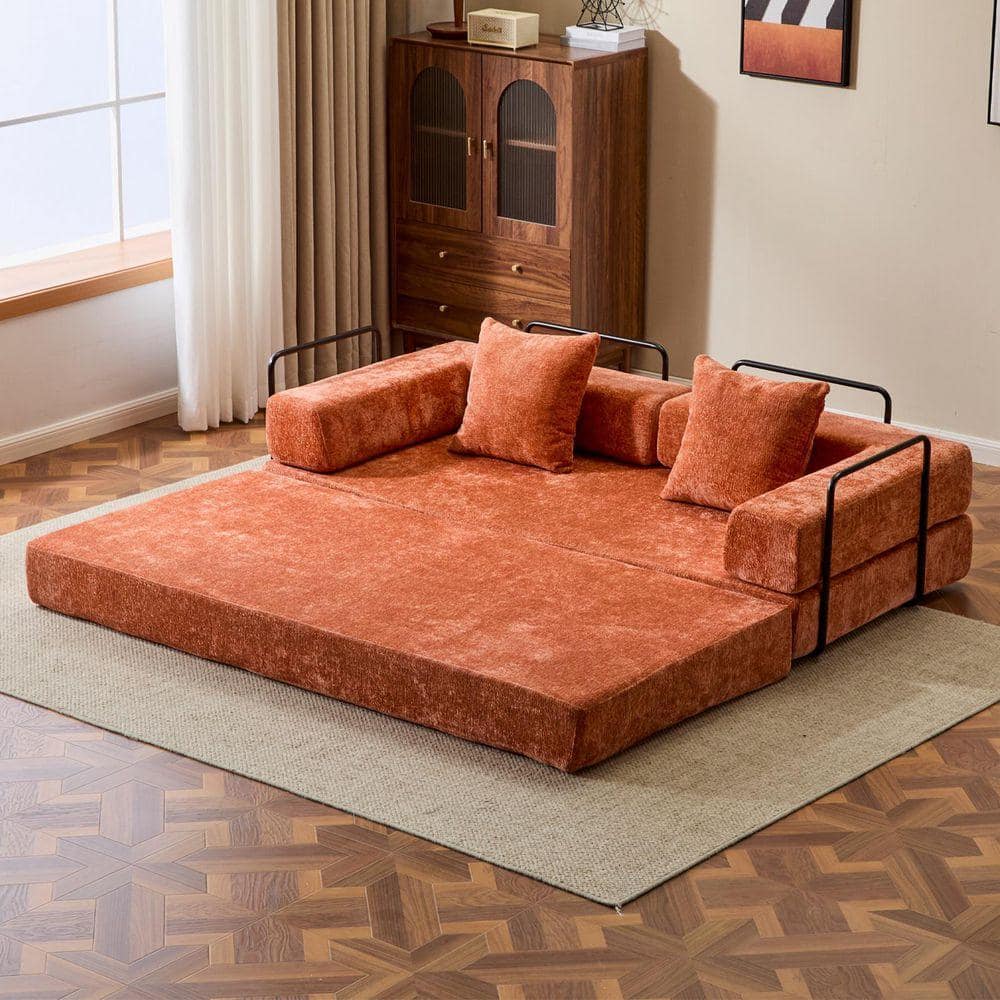 Nestfair 76.77 in. Orange Corduroy Fabric Queen Size Convertible