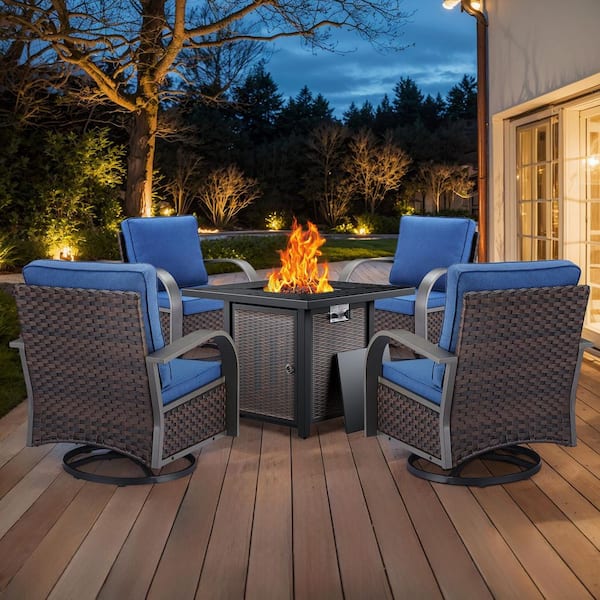 Carlos 5-Piece Wicker Patio Conversation Set with Swivel Chair, Firepit and Blue Cushions