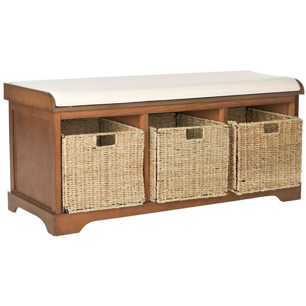 Transitional Pine and Wicker Storage Bench in Brown/White