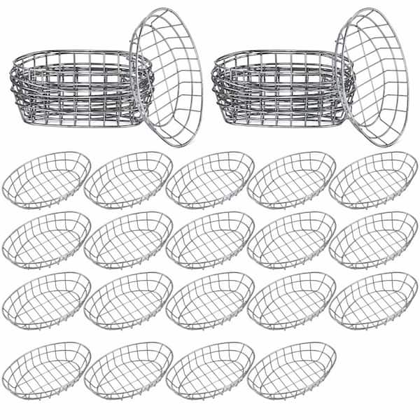 24-Pack Oval Silver Wire Bread Baskets 9.5 x 6.2 x 2.2 in with 100 Kraft Deli Wrap Paper Sheets