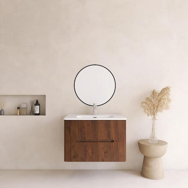 30 in. Single Sink Wall-Mounted Walnut Bath Vanity with White Ceramic Top