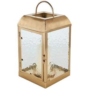 Gold Metal Candle Lantern with Pebbled Glass