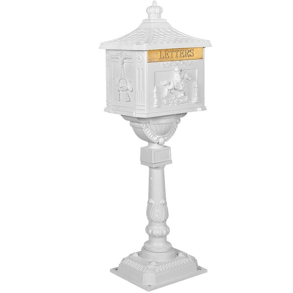 14 in. x 10 in. x 46 in. White Cast Aluminum Outdoor Mail Box Garden Decor Postal Box Garden Statues