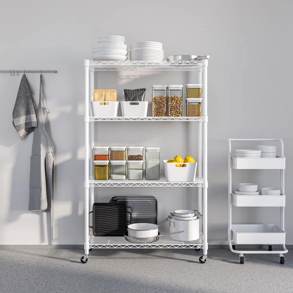 White Adjustable 4-Tier Steel Wire Shelving Unit with Wheels