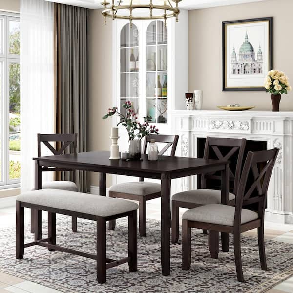Qualler 6-Piece Wood Top Espresso Dining Table Set with 4 Dining Chairs
