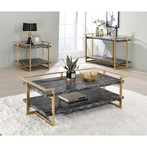 Muscher 50.5 in. 2-Piece Gold Coating and Black Rectangle Faux Marble Coffee Table Set with Shelf