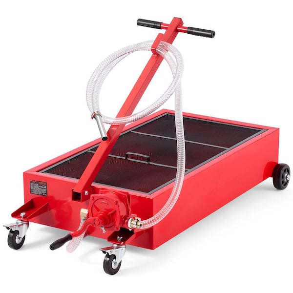 Low Profile Oil Drain Pan, 20 Gal. Capacity, Rolling Oil Drain Pan with Manual Pump, 7.2 ft. Hose and T Folding Handle