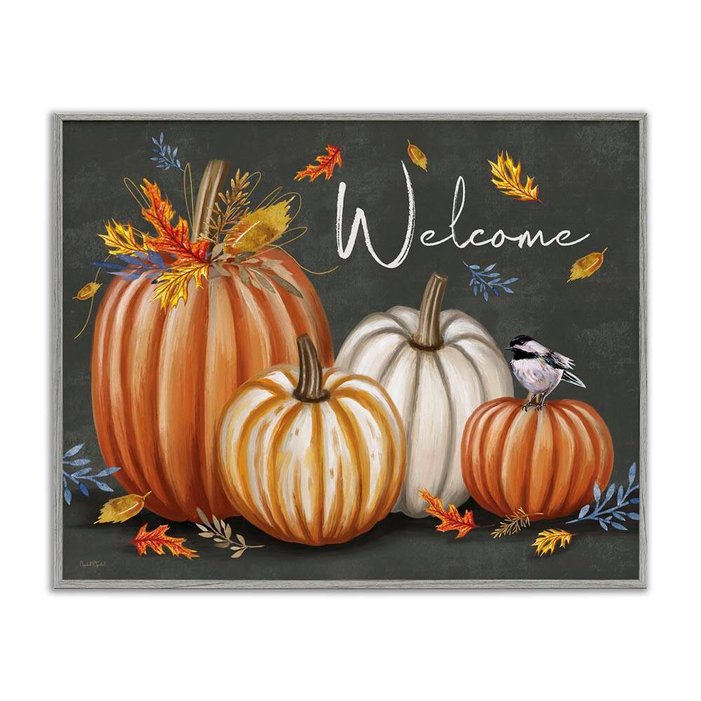 Welcome with Autumnal Pumpkins by Elizabeth Tyndall Gray Framed Typography Giclee Art Print 24 in. x 30 in. price history on PriceWatchPro