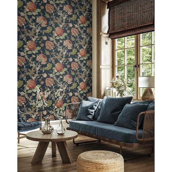 30.75 sq. ft. Midnight Blue and Carmine Jacobean Trail Premium Matte Non-Woven Paper Peel and Stick Wallpaper Roll