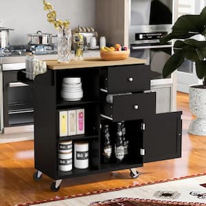 41.3 in. Black Rubber Wood Kitchen Cart on 4 Wheels with 2-Drawers and 3 Open Shelves Kitchen Island Dinning Room