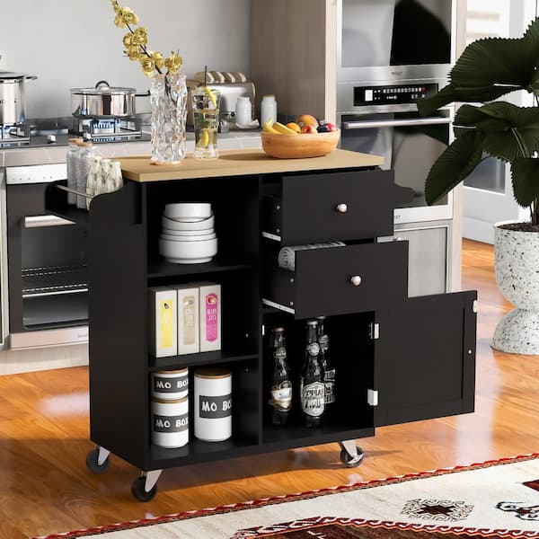 Zeus & Ruta 41.3 in. Black Rubber Wood Kitchen Cart on 4 Wheels with 2-Drawers and 3 Open Shelves Kitchen Island Dinning Room