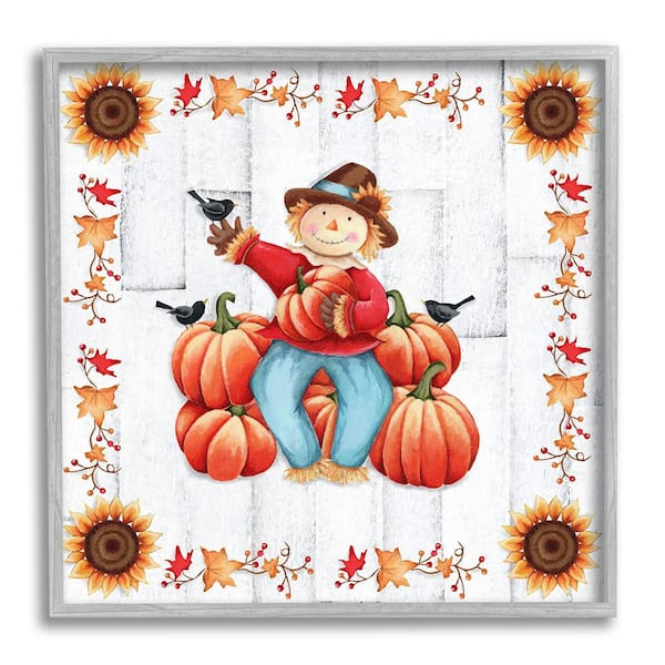 Stupell Industries Autumn Scarecrow and Pumpkins by Emma Leach 1-Piece Framed Graphic Print Nature Poster Art Print 24 in. x 24 in.