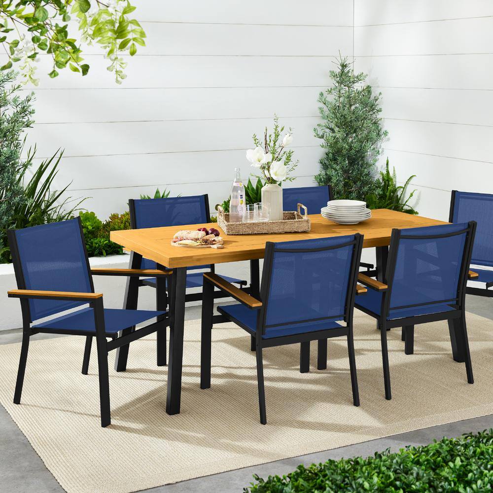 Set of 2 Blue Metal Armchairs with Wooden Armrests