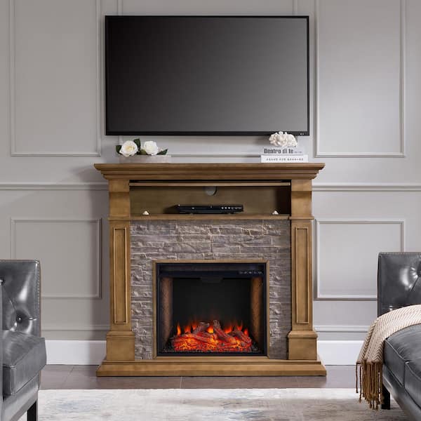 Southern Enterprises Vereema Alexa-Enabled 48 in. Electric Fireplace with Faux Stone in Weathered Gray Oak