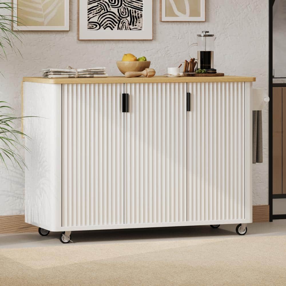 Farmhouse Rolling White Drop Leaf Wood Tabletop 51 in. Fluted Kitchen Island Cart with Lockable Wheels price history on PriceWatchPro