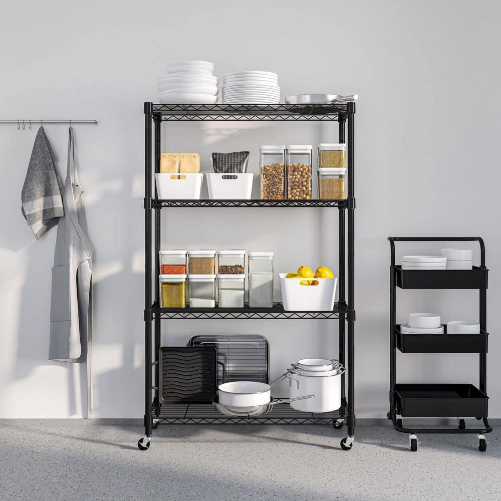 Adjustable Black Steel 4-Tier Wire Shelving Unit with Wheels