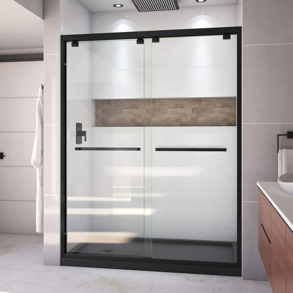 Encore 32 in. D x 60 in. W x 78.75 in. H Semi-Frameless Sliding Shower Door in Matte Black with Left Drain Black Base price history on PriceWatchPro