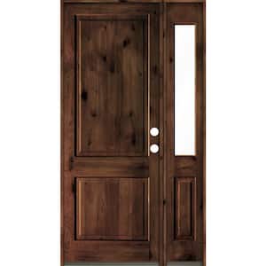 50 in. x 96 in. knotty alder Left-Hand/Inswing Clear Glass Red Mahogany Stain Square Top Wood Prehung Front Door w/RHSL