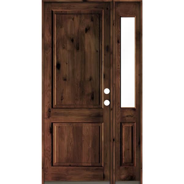 Krosswood Doors 50 in. x 96 in. knotty alder Left-Hand/Inswing Clear Glass Red Mahogany Stain Square Top Wood Prehung Front Door w/RHSL