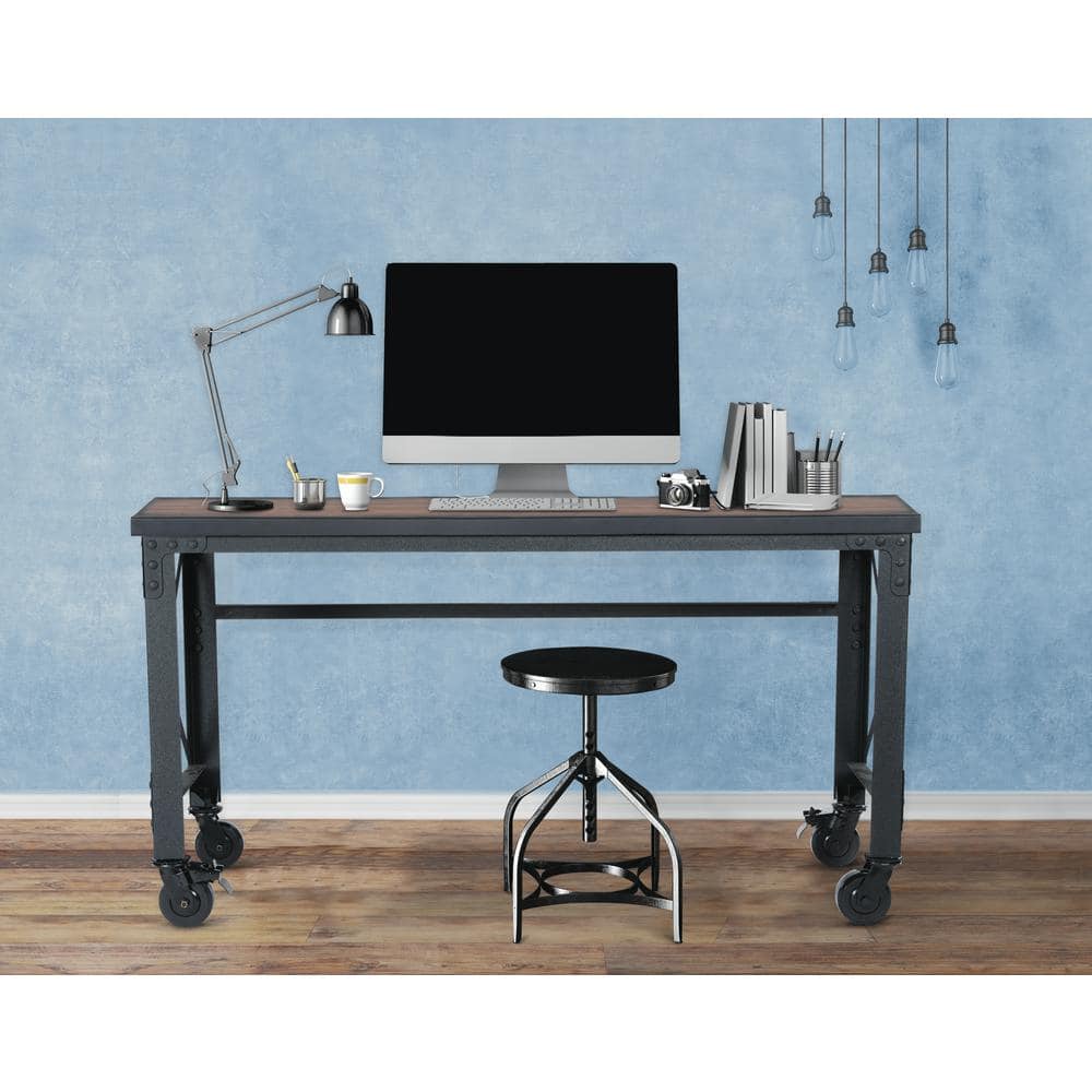 Dark Brown Wood and Metal Industrial Desk with Casters