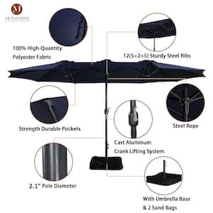 15 ft. Outdoor Market Patio Umbrella Double Sided Design Umbrella in Navy Blue with Crank & Base