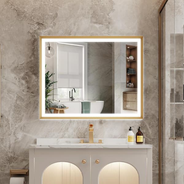WELLFOR LUKY 40 in. W x 32 in. H Rectangular Single Aluminum Framed Antifog Dimmable Wall Bathroom Vanity Mirror in Brushed Gold