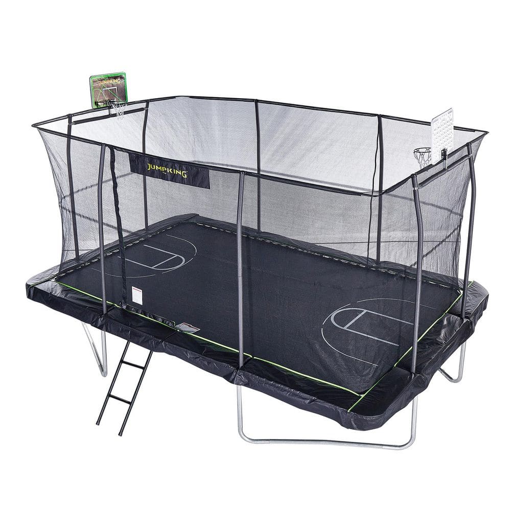 Black Rectangular Steel Trampoline with Enclosure and Basketball Hoop
