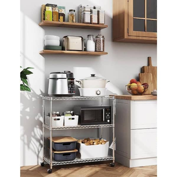 Heavy Duty 3-Shelf Shelving with Wheels, Adjustable Storage Units, Steel Organizer Wire Rack for Kitchen in Chrome