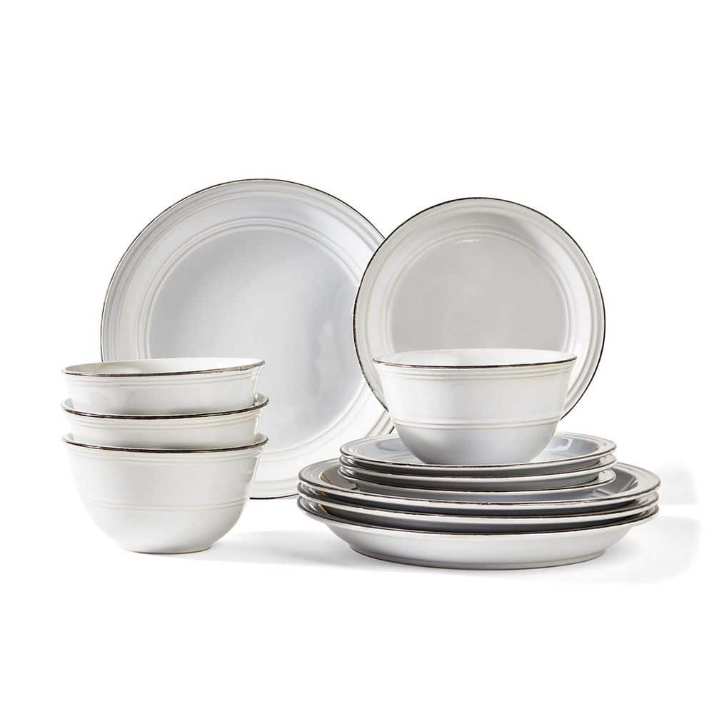 AMERICAN ATELIER 12 Piece Casual White Stoneware Dinnerware Set Service for 4 6518 12 RB The Home Depot