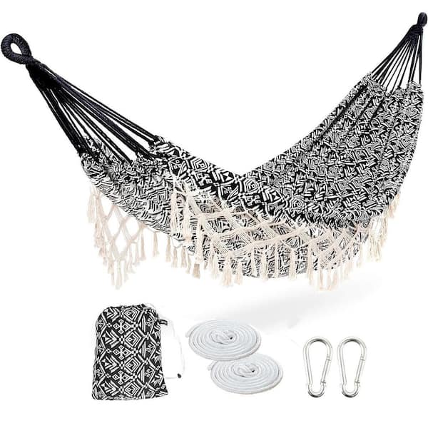Unbranded 10 ft. Extra Large Brazilian Woven Style Cotton Fabric Hammock in Black/White Portable with Handmade Rope and Tassel