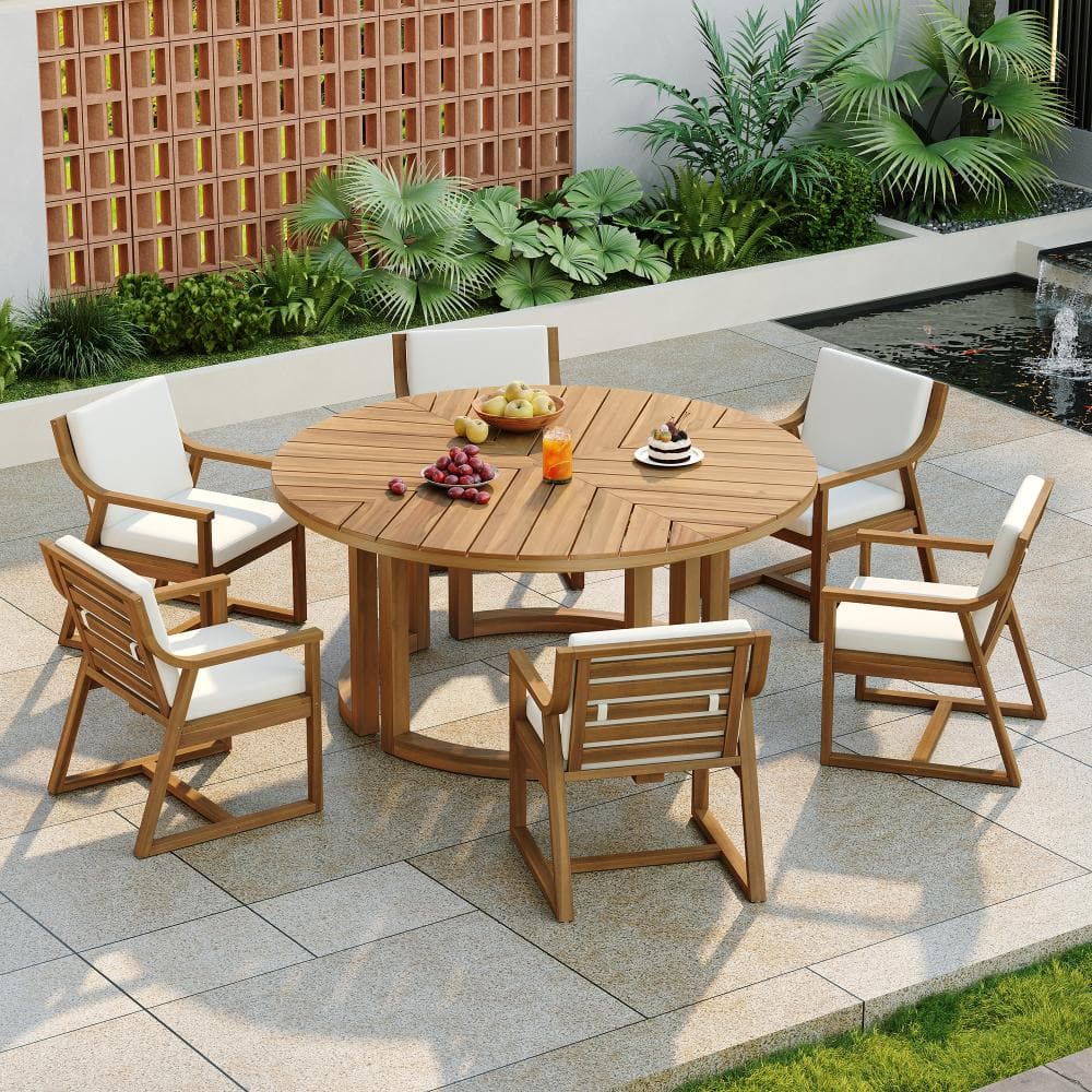 7-Piece Light Teak Wood Outdoor Round Dining Set with Beige Cushions and Umbrella Hole price history on PriceWatchPro