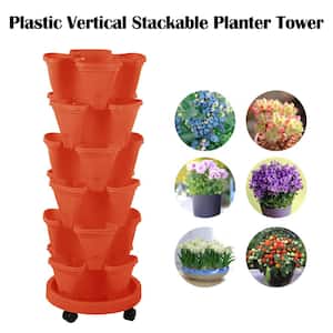 6-Tier Brown Plastic Vertical Stackable Planter Tower with Removable Wheels, Indoor Outdoor Gardening Pots (24-Pots)