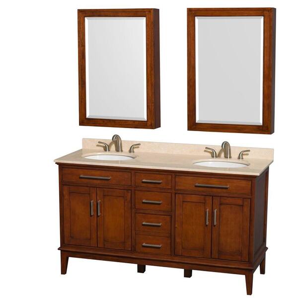 Wyndham Collection Hatton 60 in. Double Vanity in Light Chestnut with Marble Vanity Top in Ivory and Undermount Round Sinks